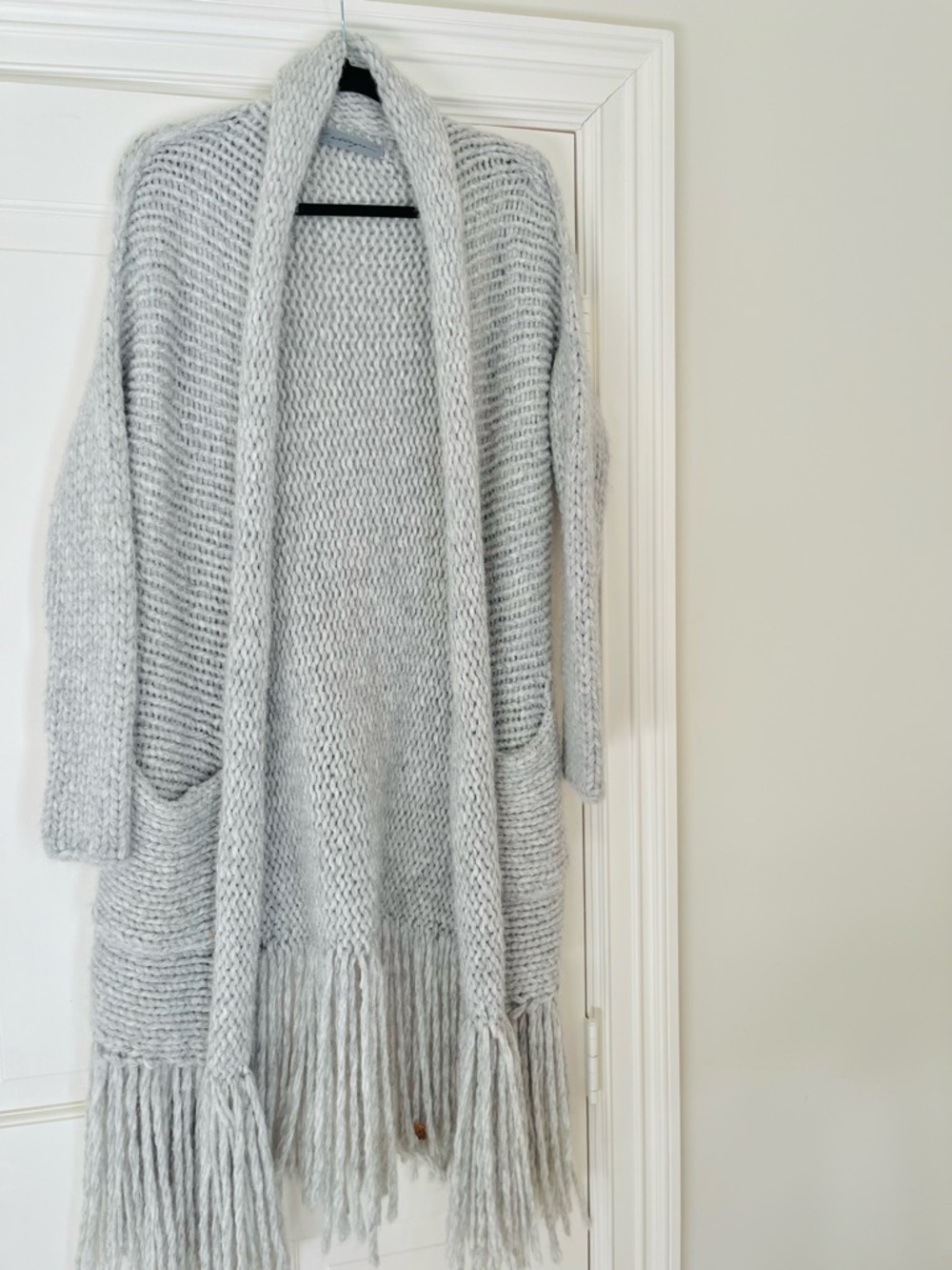 Raquel Allegra gray alpaca blend fringe long cardigan OS